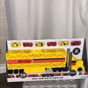 FAO Schwarz Yellow Auto Transporter with Diecast Cars